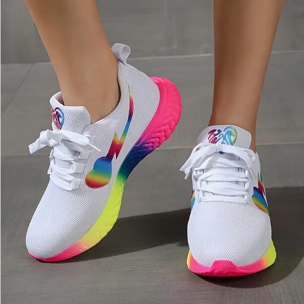 2023 Summer Thick Sole Casual Knitted Sports Shoes Women's Large Lace up Rainbow Low Top Running Shoes Single Shoe