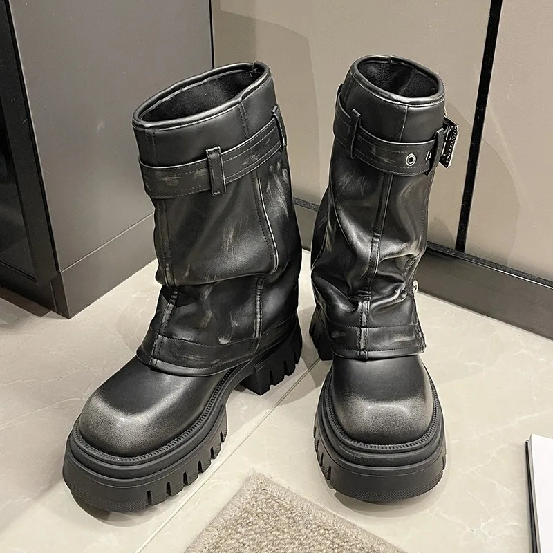 Womens Fashion Boots Womens Thick soled Leather Shoes Zipper and Buckle Boots 2024 Western Anti slip Motorcycle Cool Boots 241018
