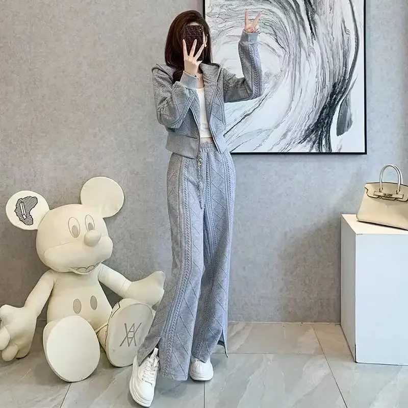 Women's Two Piece Pants Slit Wide Leg Womens Pants Two Piece Set Blue Tracksuit Autumn Winter Sport Ladies Trouser Hooded Sweatshirt Tailor D Lux