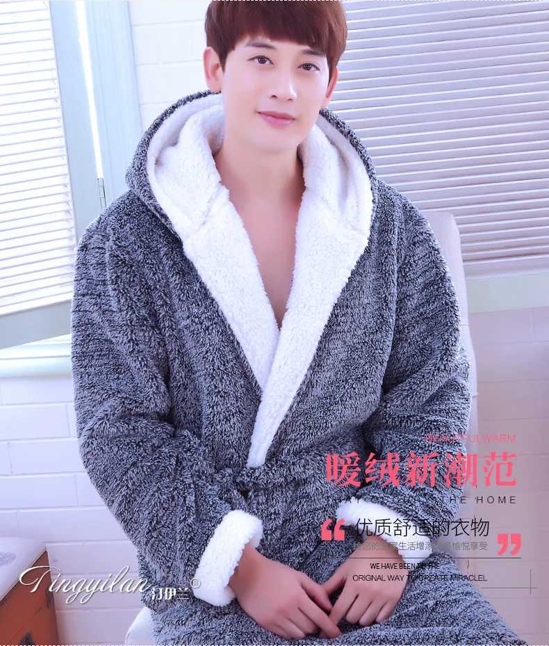 Mens Long Sleeve Flannel Bathrobe Thick Sleepwear Warm SPA Bathrobe Male Pajamas Belt Solid Soft Homewear Winter D-2096XJ241018
