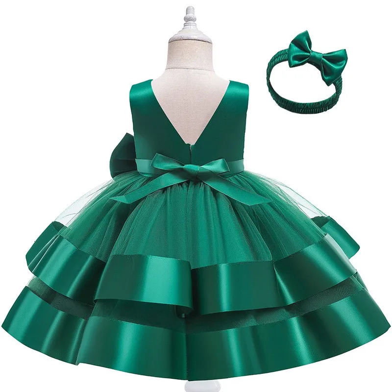 Satin Gauze Big Bow Baby Girls Princess Dress Summer Wedding Ball Christmas Birthday Party Costume Girl Dresses Gift Headband 241008