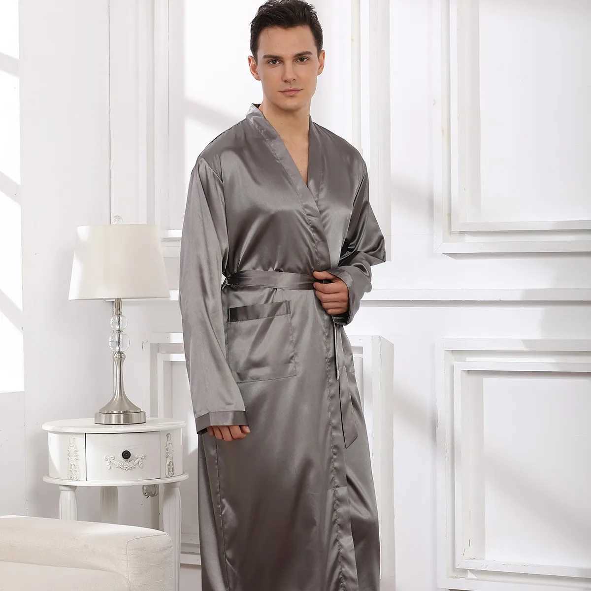 Loose Men Robe Sexy Male Summer New Sleepwear Bathrobe Satin V-Neck Kimono Bath Gown Long Casual Nightgown Intimate LingerieXJ241018