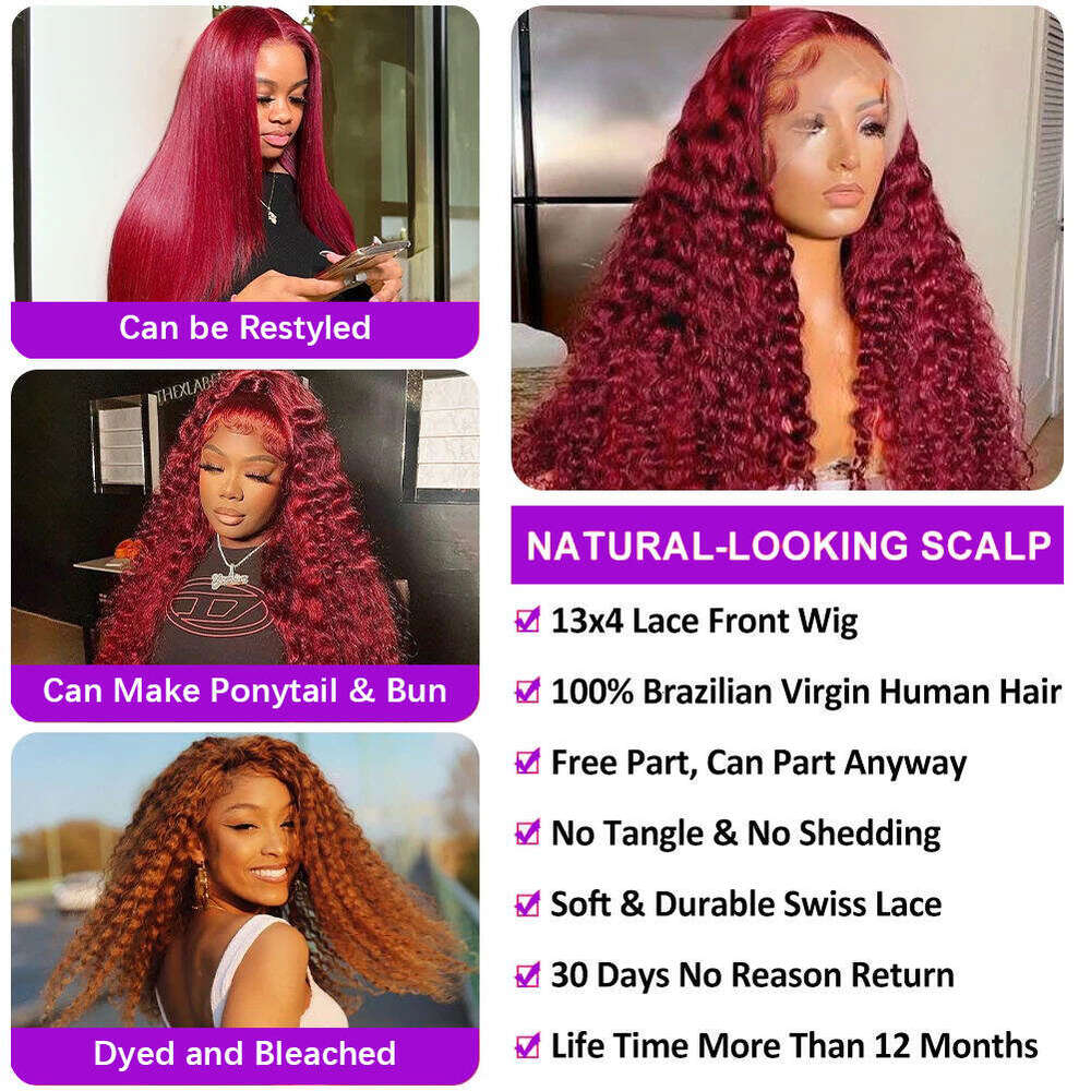 Deep J Burgundy wave Lace Front Human Hair Red Colored x HD Frontal Wigs For Women Density Curly Wave al