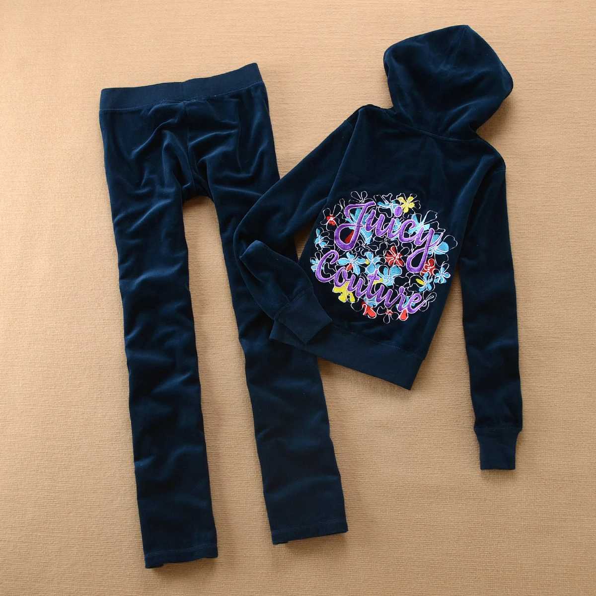 Women's Two Piece Pants Juicy Cometure Velvet Tracksuit Suit Sweatshirt Embroidered Flower Crystal Zipper Top + Casual Sports Straight Pants Y241