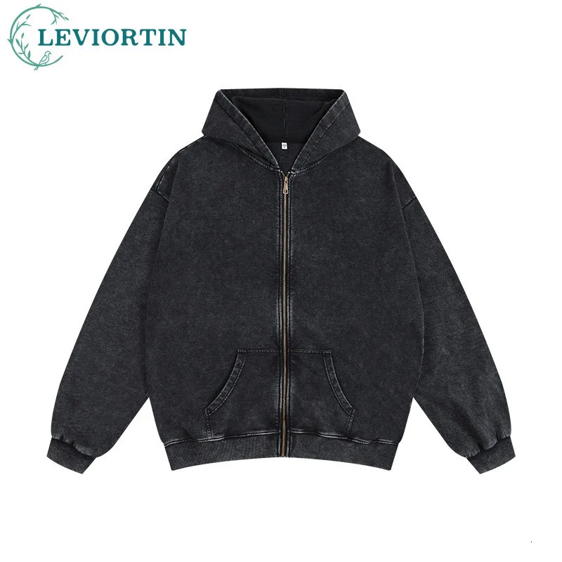 Heavyweight 350gsm Zipper Hoodies Jacket Men Streetwear Shoulder Drop Loose Washed Cotton Hooded Sweaters Coat Jogging Outwears 241019