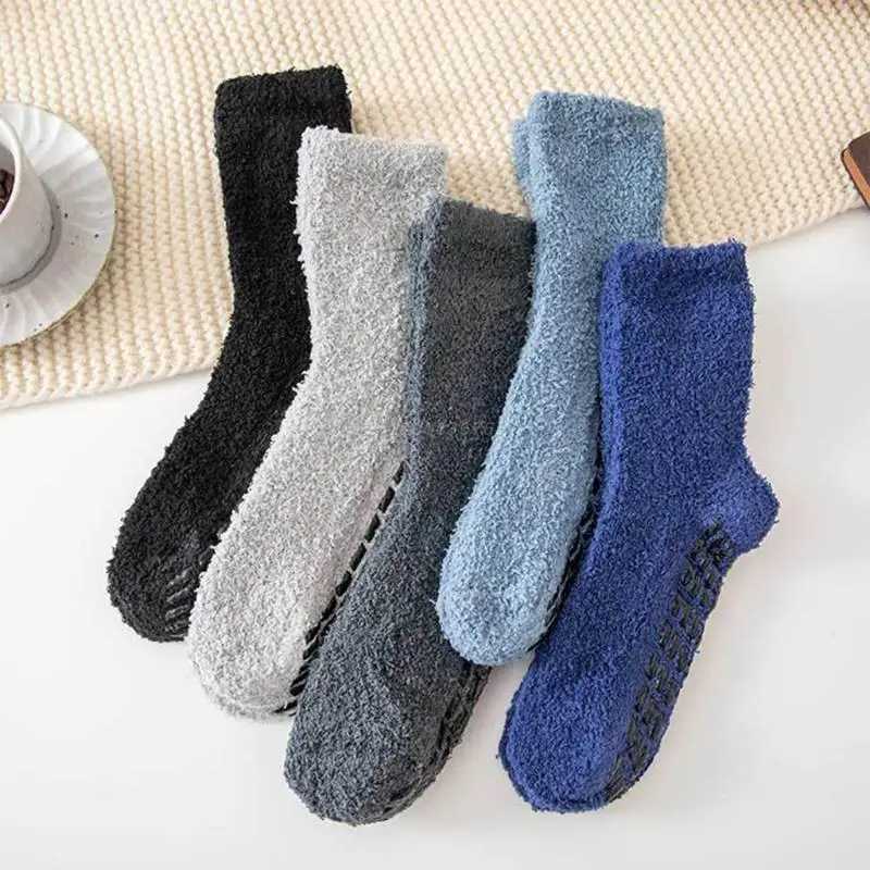 Men Winter Cozy Fuzzy Slipper Socks Simple Solid Color Non Slip Grip Warm Fluffy Plush Hospital Lounge Floor Sleeping HosieryXJ241019