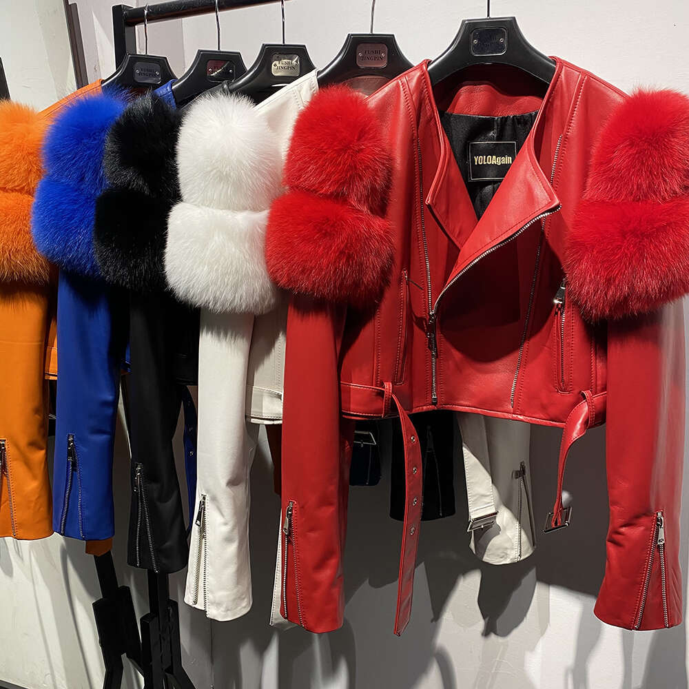 Yoloagain 2023 Autumn Natural Fox Fur Sleeve Genuine Cropped Women Shiny Sliver Leather Jacket Ladies