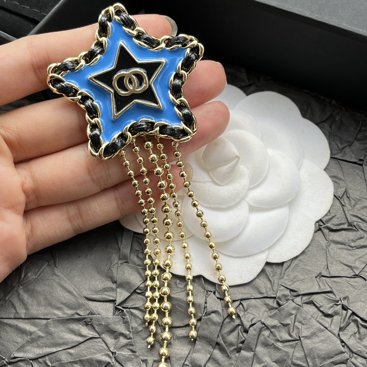 Blue Star Brooches Tassels Design Black PU Leather Crystal Diamond Pearl Print Fashion Women Couple Love Brooches Wedding Party Luxury Jewellery Gift Back Stamp