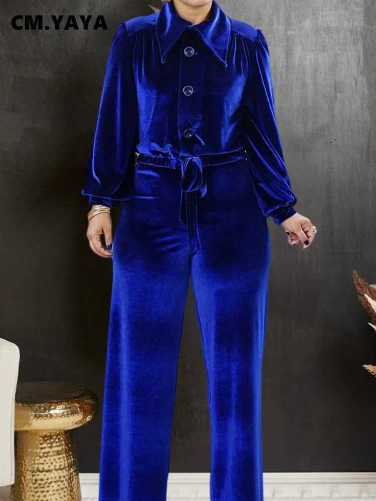 Women's Two Piece Pants CM.YAYA Velvet Womens Set Long Sleve Brushed Hem Shirt Jacket and Wide Leg Pants 2023 INS Two Piece Set Y24101929US