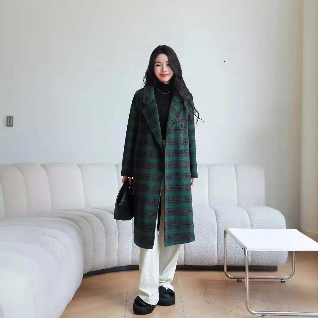 Green plain double-sided wool coat for women autumn and winter mid length knee simple plain wool coat free delivery 241019