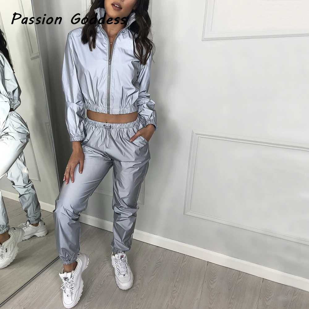 Womens Two Piece Pants 2 Piece Women Reflective Tracksuits Sets Outfits Luminous Loose Drawstring Jackets High Waist Sweatpants Leisure Jogger Suit 3 