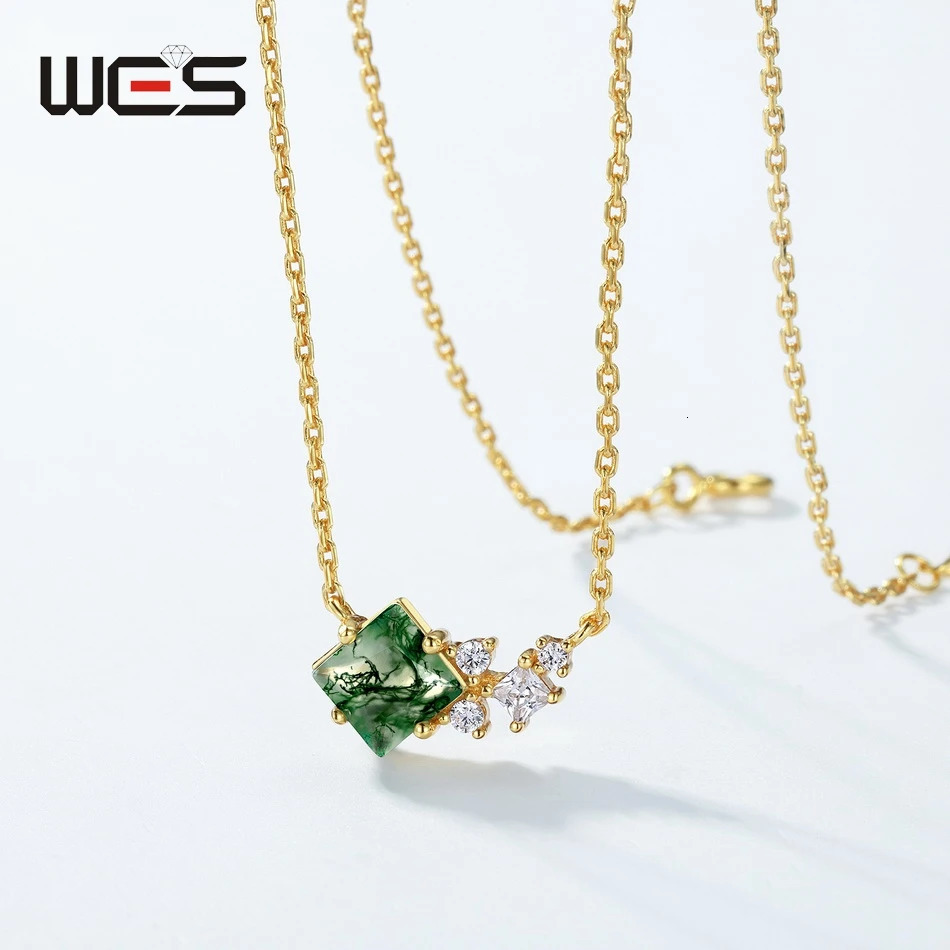 WES 925 sterling silver animal necklace womens natural Mos agate 6 * 6mm fish shaped DIY jewelry party gift engagement 241018