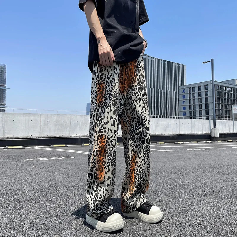 OIMG Y2K Fashion Tie Dye Leopard Bag Jeans Mens Straight Gothic Pants Pantalones Hombre 241019