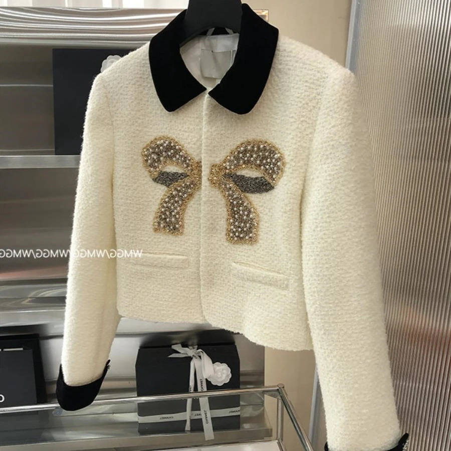High Quality Diamonds Beading Woolen Tweed Jackets for Women French Elegant Short Coat Sweet Girls Fashion Fried Street Outwear 241019