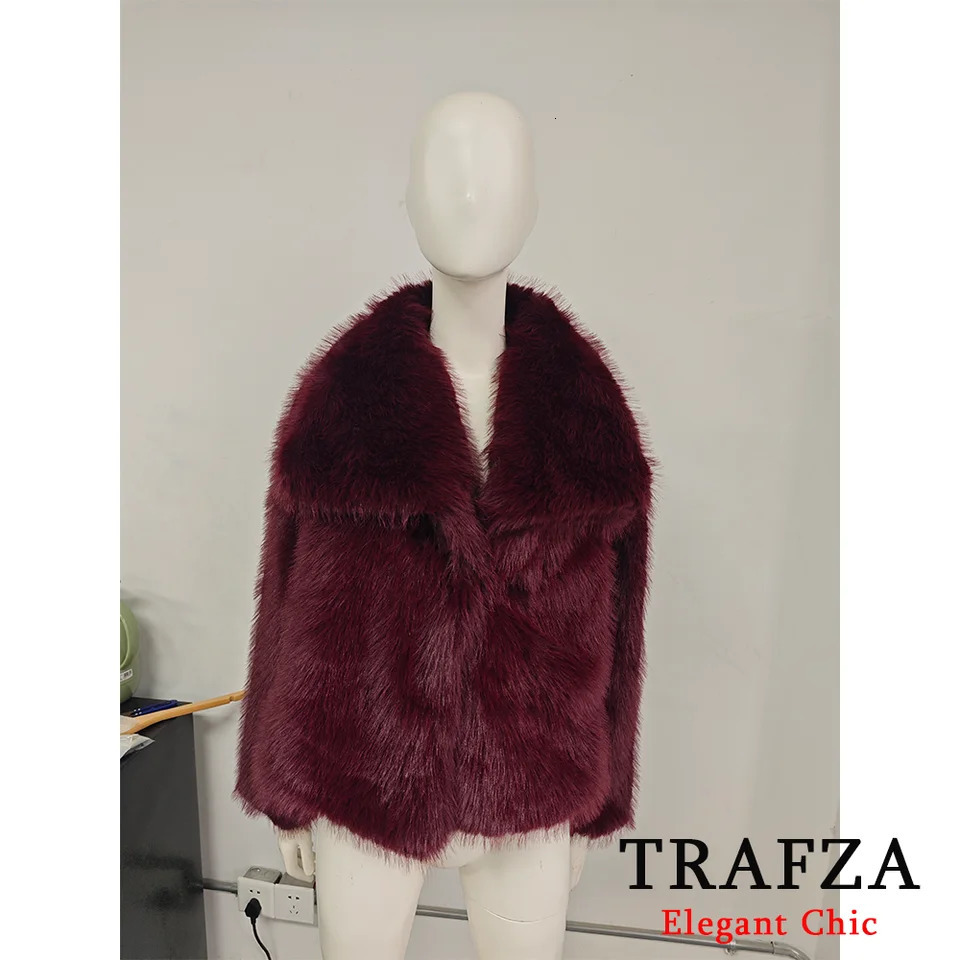 TRAFZA Womens Fashion Winter Solid Big Collar Coat Artificial Fur Coat Jacket Autumn Winter Slow Burgundy Black Grey Coat 241018