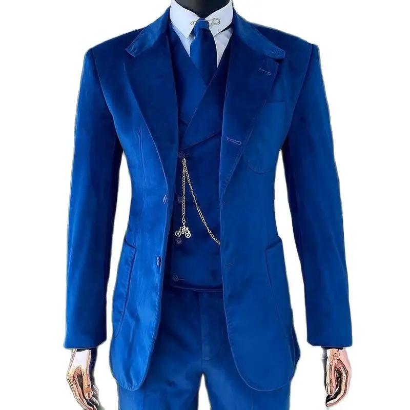 Velvet Men Suits for Wedding Slim Fit Custom Groom Tuxedo 3 Piece Royal Blue Formal Jacket Vest with Pants Male Fashion Costume