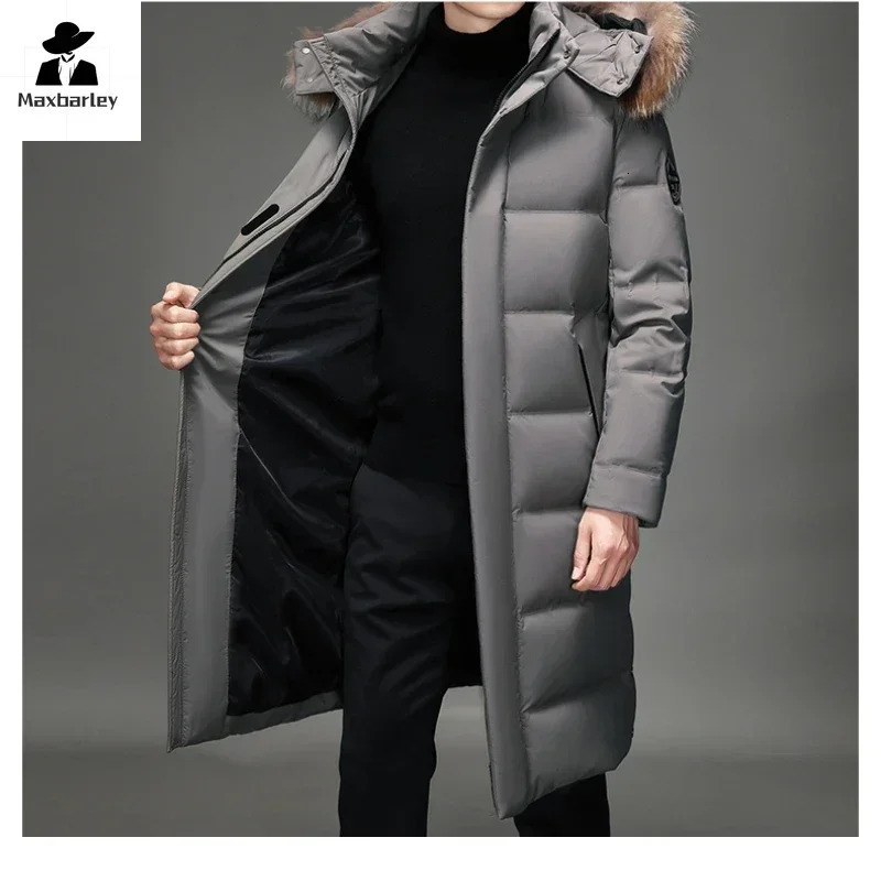 Winter long jacket mens lightweight fur collar hooded windproof white duck down warm jacket Korean thick cedar jacket 241018