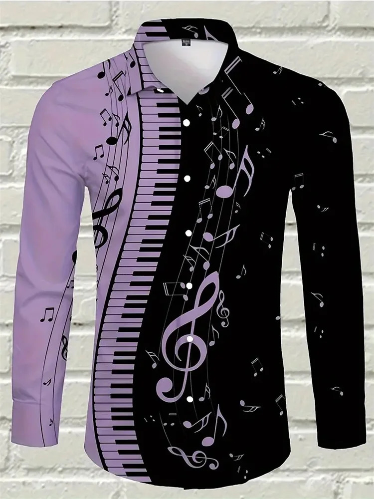 Autumn Music Note Print Fashion Mens Long Sleeve Street Fashion Single Chest Collar Shirt Vacation Casual Shirt 241007