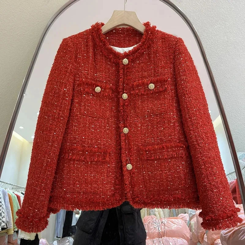 Red Cropped Tweed Coat Women Korean Fashion Long Sleeve Autumn Winter Jacket Single Breasted Down Cotton Lined Warm Lady Outwear 241019