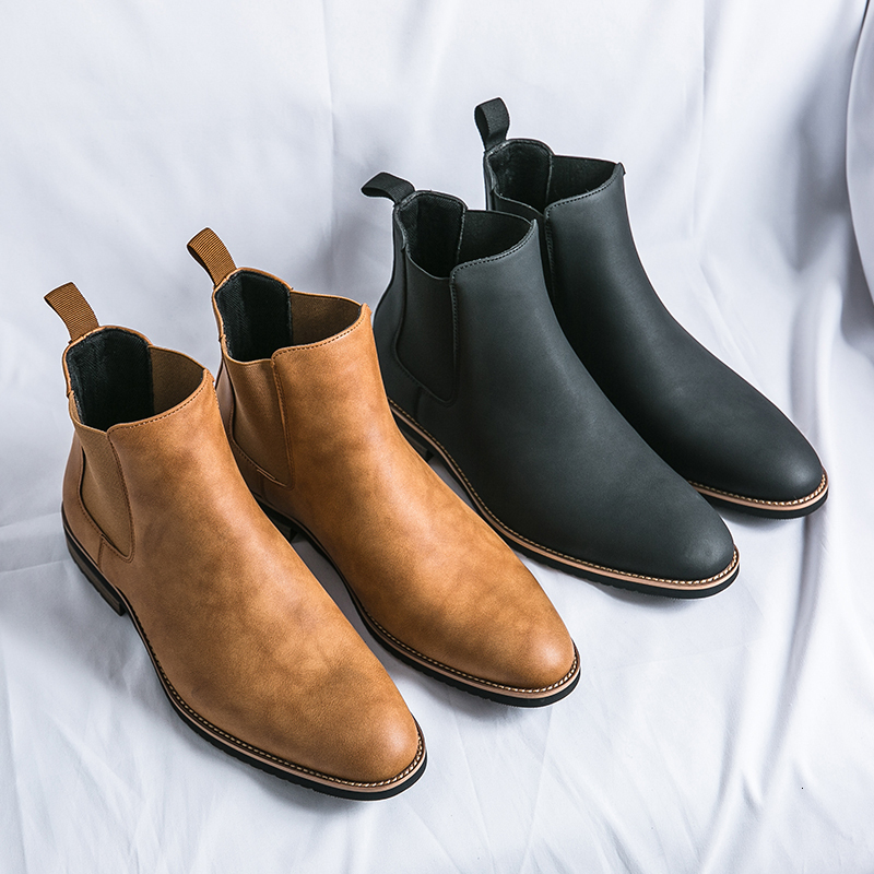 For Men Solid Color Slip On Ankle Boots Flat Short Toed Pointy High Top Pu Leather Shoes Ddmywed ddmythur