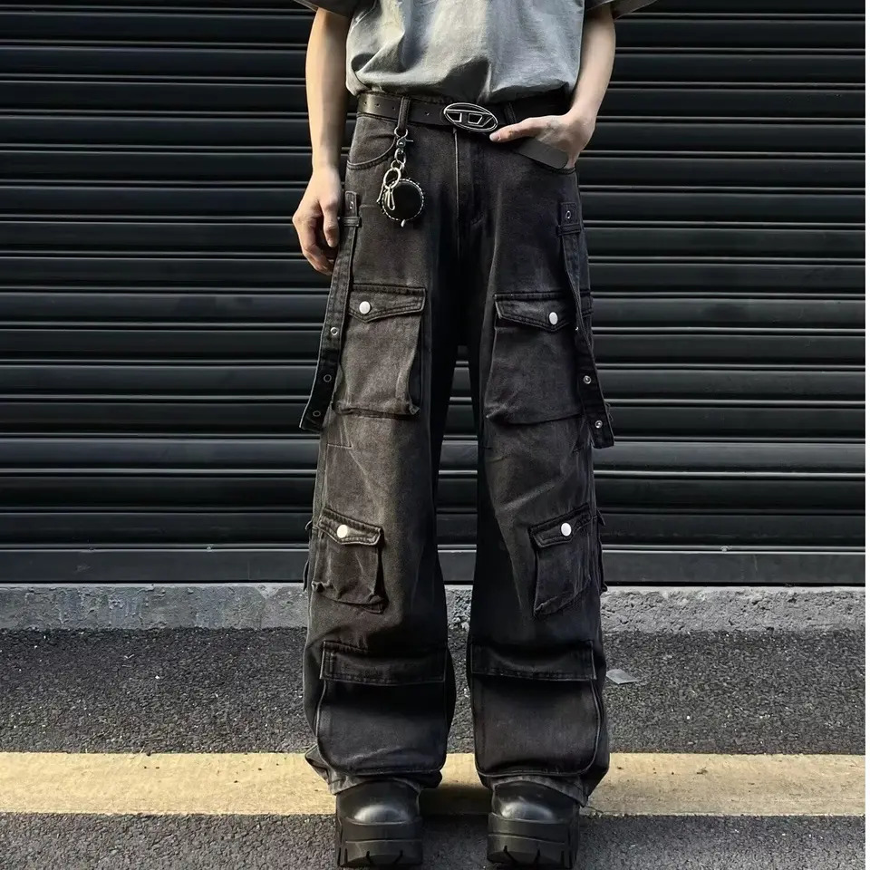 Y2K multi pocket luggage cargo jeans retro mens and womens loose straight leg hip-hop pants luggage Y2K jeans 241007
