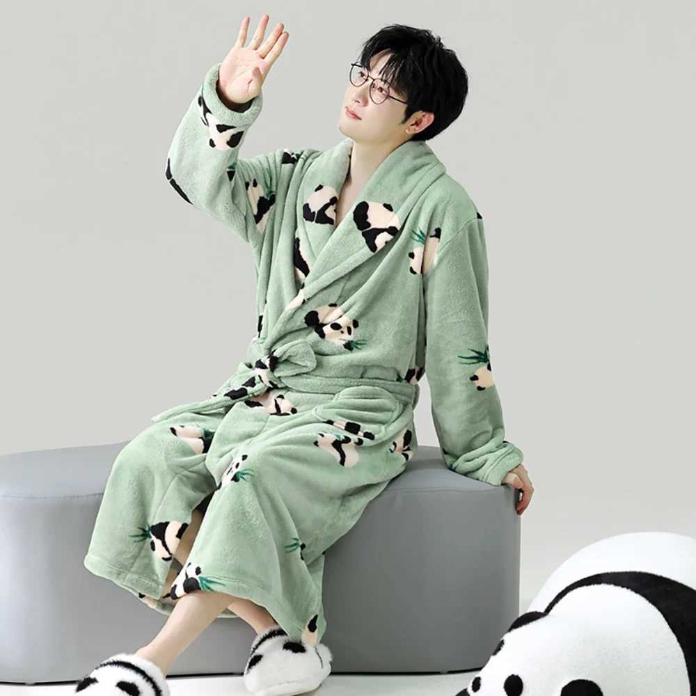 Casual Cartoon Dinosaur Mens Bathrobe For 82.5kg Winter Thicken Plush Double Warm Shower Robe Comfortable Soft V Neck SleepwearXJ241018