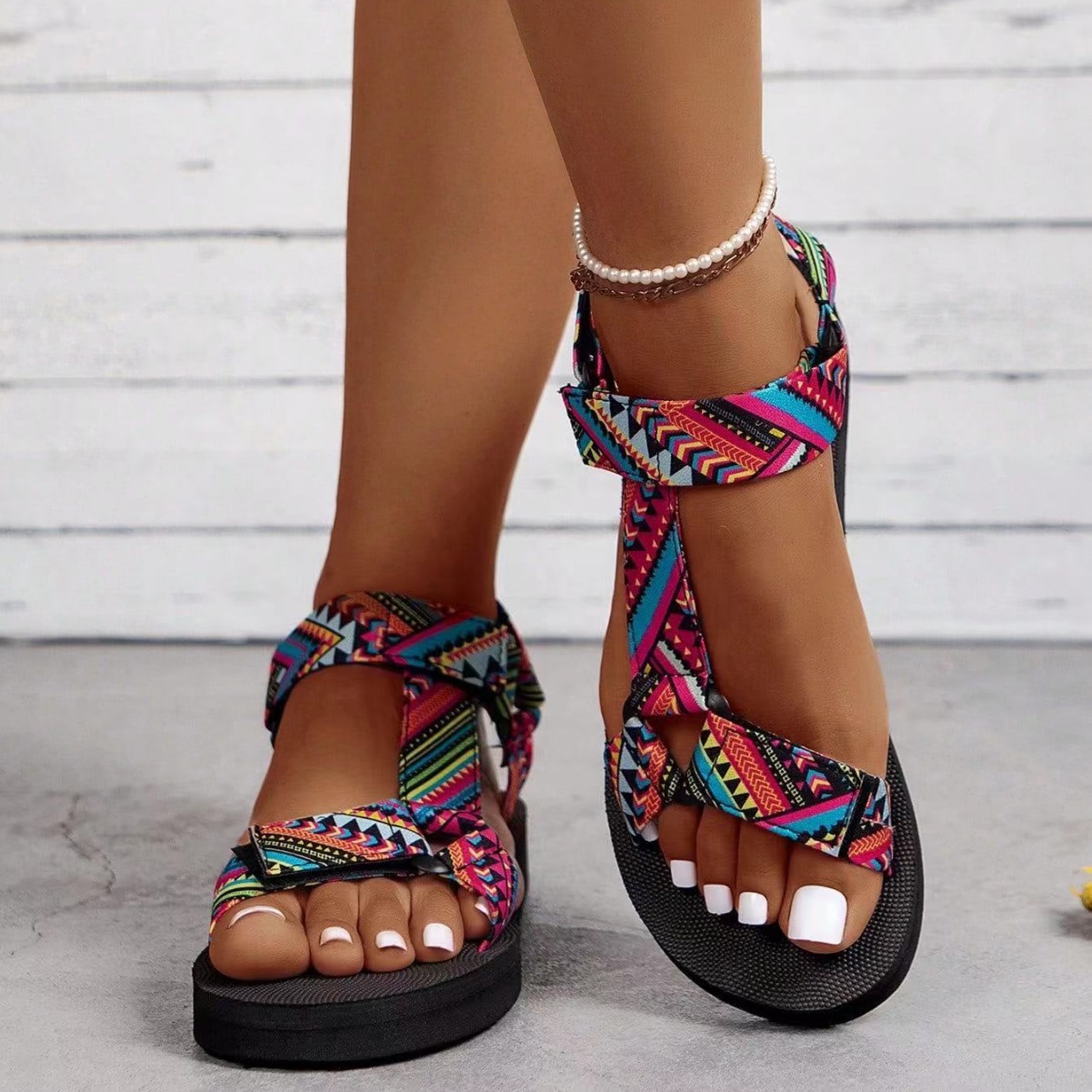 Oversized Women S Printed Flat Spring Summer New Thin Soled Ethnic Style Velcro Beach Sandals Ddmywed Ddmysaturn