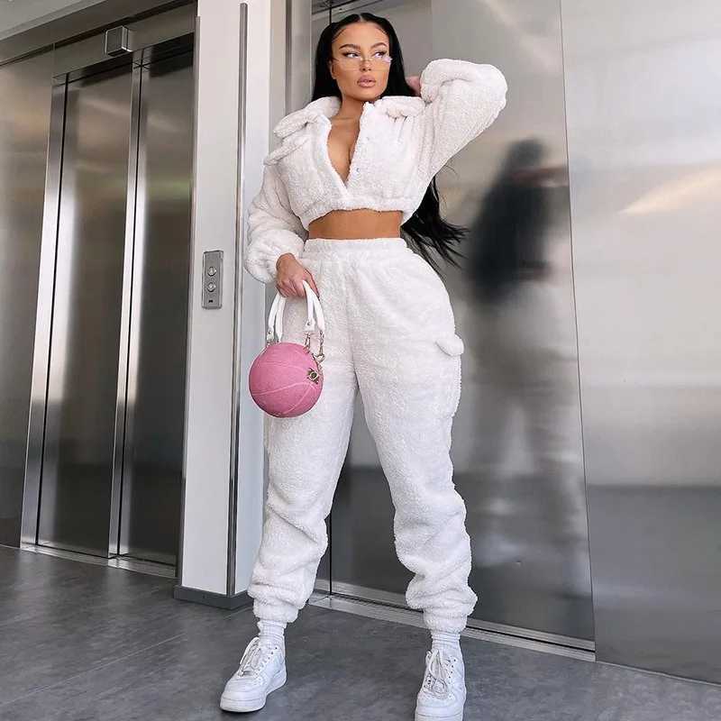 Womens Two Piece Pants Two piece set of womens white Flce sportswear and hooded sweatshirt for runners high waisted pants for autumn and winter womens