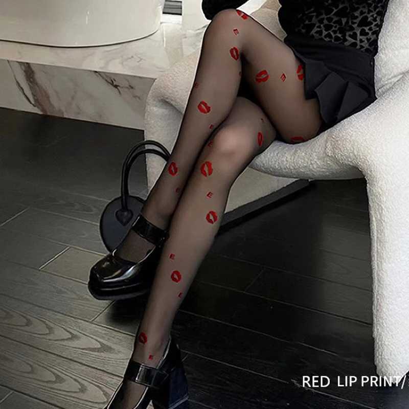 Socks Hosiery Red Lip Print Thigh Womens Sexy Stockings Mesh Seamless Silk Pantyhose Transparent Nylon Summer Female Elastic High Stocking Y2408330U3F