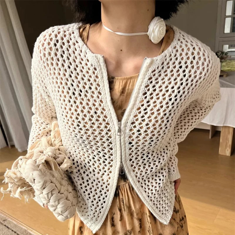 Yedinas Streetwear Hollow Out Knitted Tops Long Sleeve Korean Fashion Double Zipper Cardigan Women Sweater Knitwear Y2k Chic 241010
