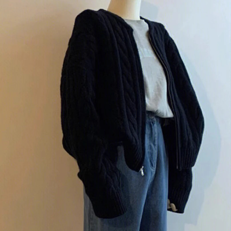 solid color zipper knitted cardigan womens autumn and winter casual twisted long sleeved sweater jacket 241018