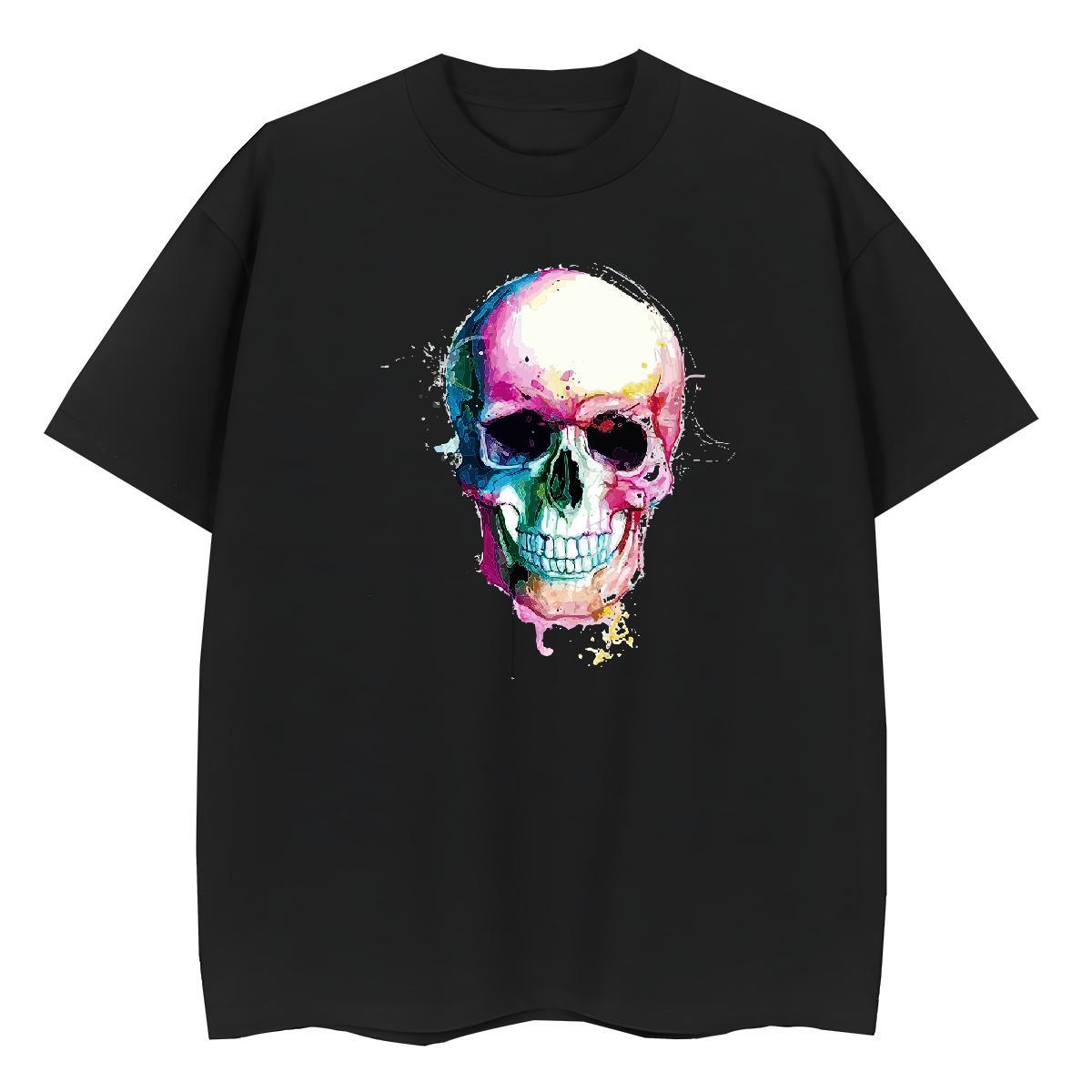 New Womens T Shirts 100% Cotton 230g Short sleeve Soft Daily Outfit skull Tshirt for Man Woman Popular Black Oversized Tops