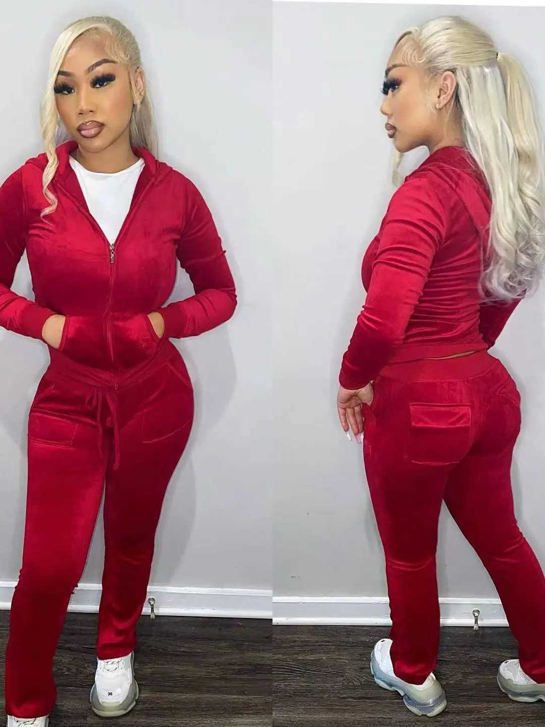 Womens Two Piece Pants Velvet tight fitting jumpsuit womens twopiece zipper hoodie topsports pants matching set lounge clothing sportswear jogging w Y