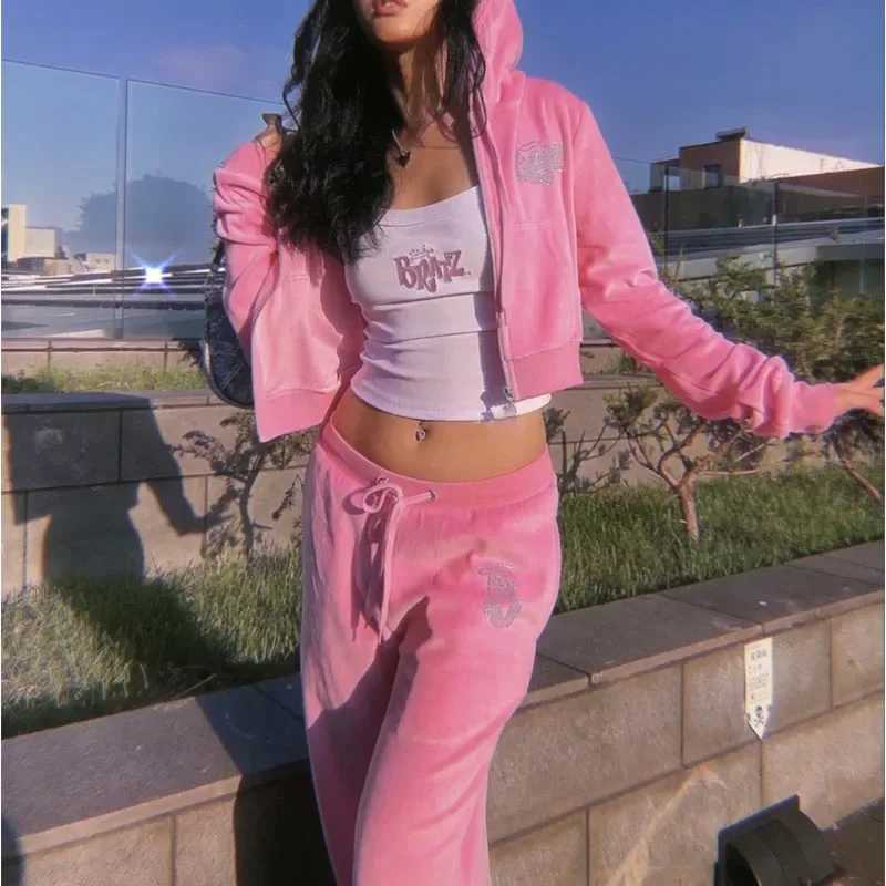 Womens Two Piece Pants Harajuku Womens Zipper Hoodie Oversized Rhinestone Kawaii Jogging BRATZ Printed Sports Pants Y2k Jogging Plush Aesthetic Wome Y