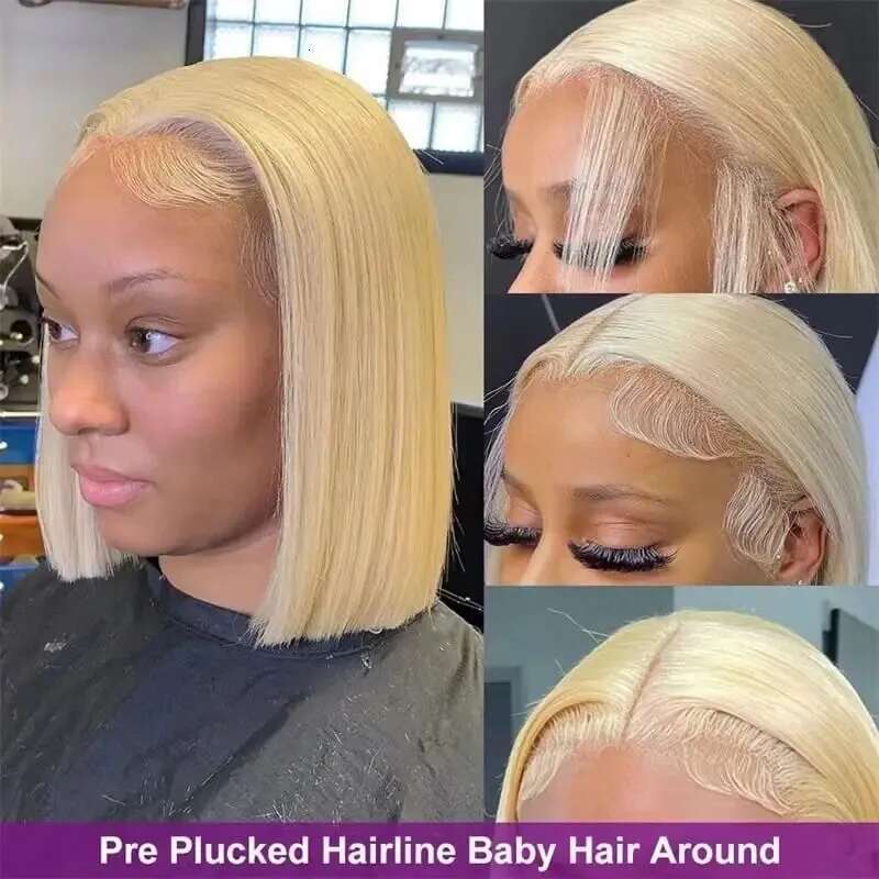 Straight Bob Blonde Wig HD Transparent Lace Pre Pluck No Tangle Shedding Human Hair x Frontal For Women
