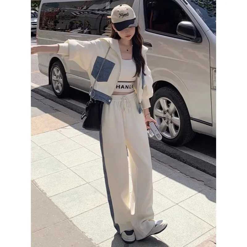 Womens Two Piece Pants Plus size womens denim patch work sweater 2piece set for spring and autumn weight loss color blocked cardigan wool sweater with