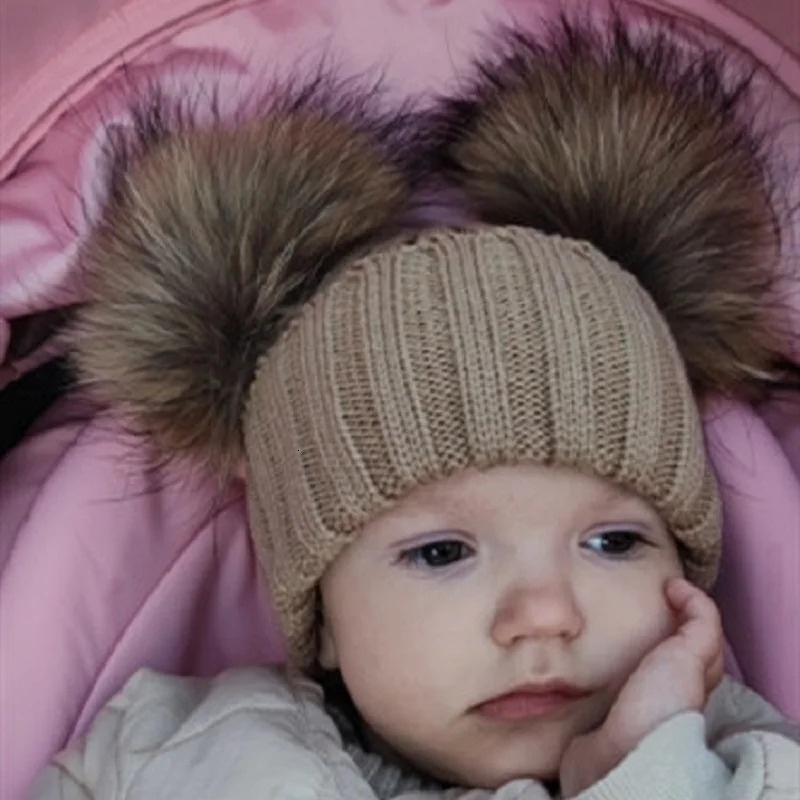 Winter crochet double natural raccoon puffy hat suitable for girls a real fur childrens hat high-quality and fashionable childrens hat Beanie Bonnet 2