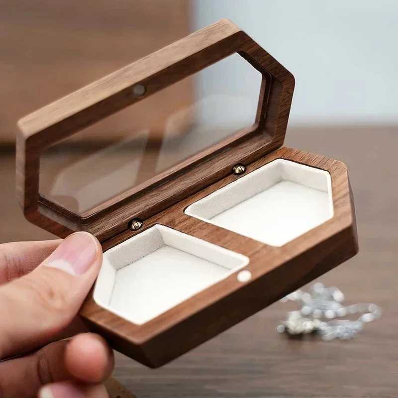Free customized personalized walnut ring box carved engagement and wedding ring holder for couples brides and grooms W241019
