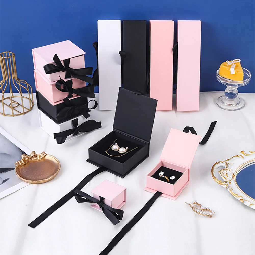 2024 New Jewelry Organizer Ribbon Flip Jewelry Packaging Paper Box Greeting Card Necklace Earrings Bracelet Gift Storage Box W241019