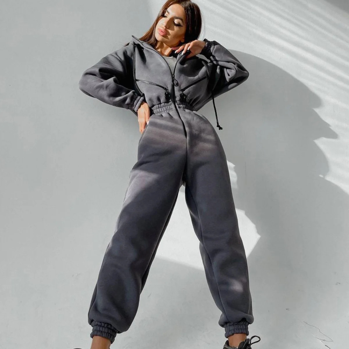 Female Long Sleeve Buttoned Jumpsuits Autumn Winter Casual Overalls Fleece Sport Jumpsuit Women Playsuit Sportswear 241018