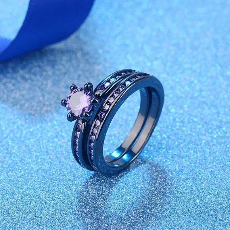 Charming Couple Ring Romantic Purple Rhinestone Womens Ring Set Fashion Mens Stainless Steel Celtic Dragon Ring Fashion Jewelry Y241019