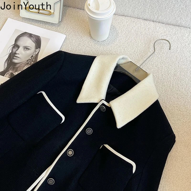 Temperament Jackets for Women Turndown Collar Long Sleeve Tunic Outwear Crop Tops Fashion Korean Vintage Tweed Coat Ropa Mujer 241019