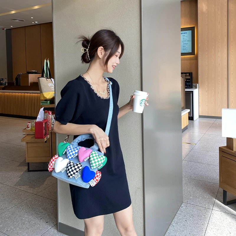 Fashionable womens denim bucket cartoon toy decoration handbag and wallet womens cute doll shoulder bag cross body bag 241018 ww