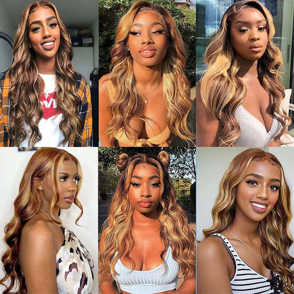 30 32 Inch P4/27 Highlight Body Wave Frontal Colored Ombre 13X4 Lace Front Human Hair Wigs For Women