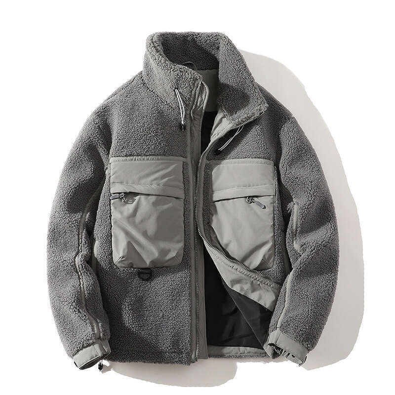 2023 Winter New Men's Casual Stand Up Collar Lamb Wool Coat Hong Kong Youth Work Colored Cotton Clothes