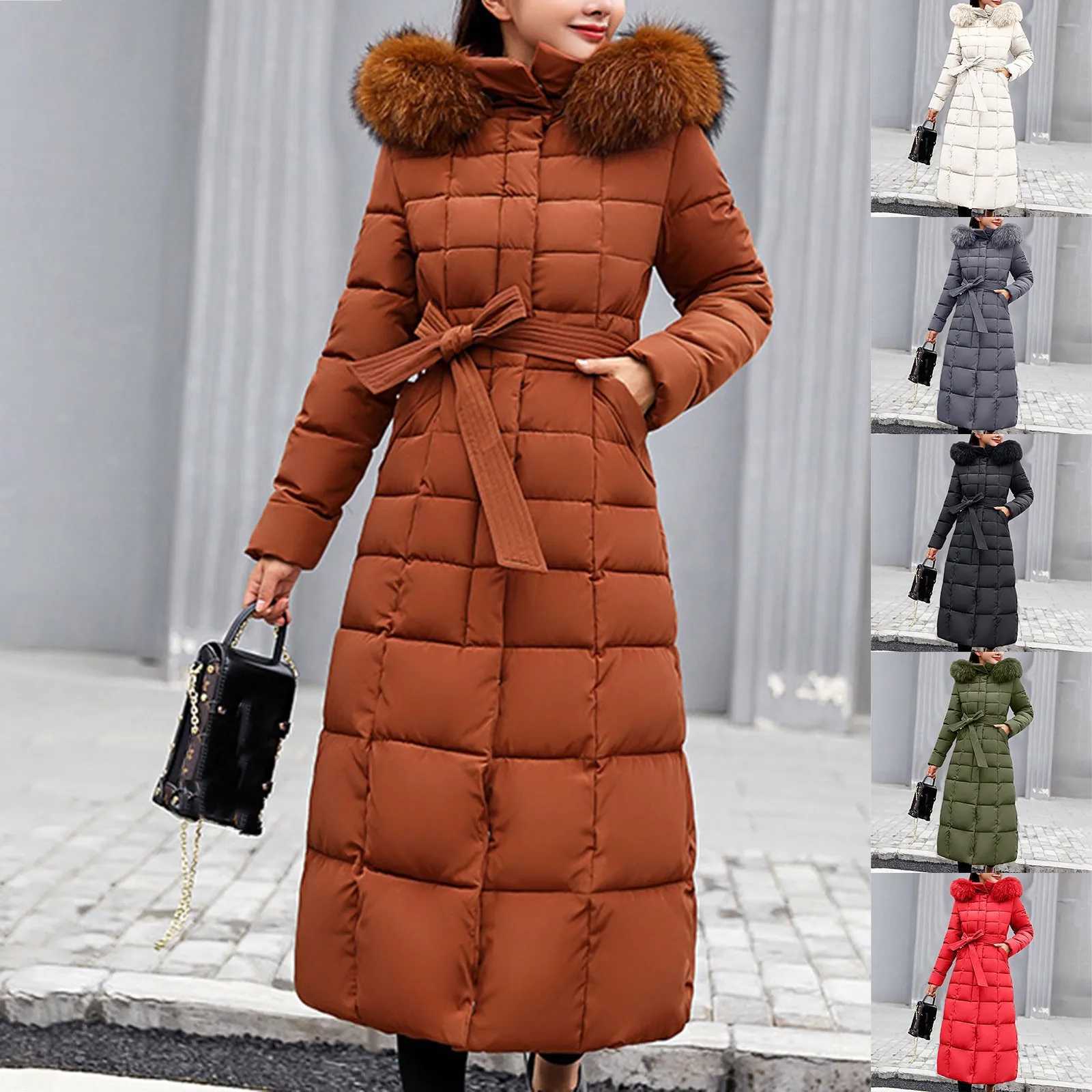 WomenS Warm Winter Solid Color Hooded Lace Up Wool Collar Cotton Jacket Pocket Long Sleeve Zipper-Front Waist Tie Down CoatX241019