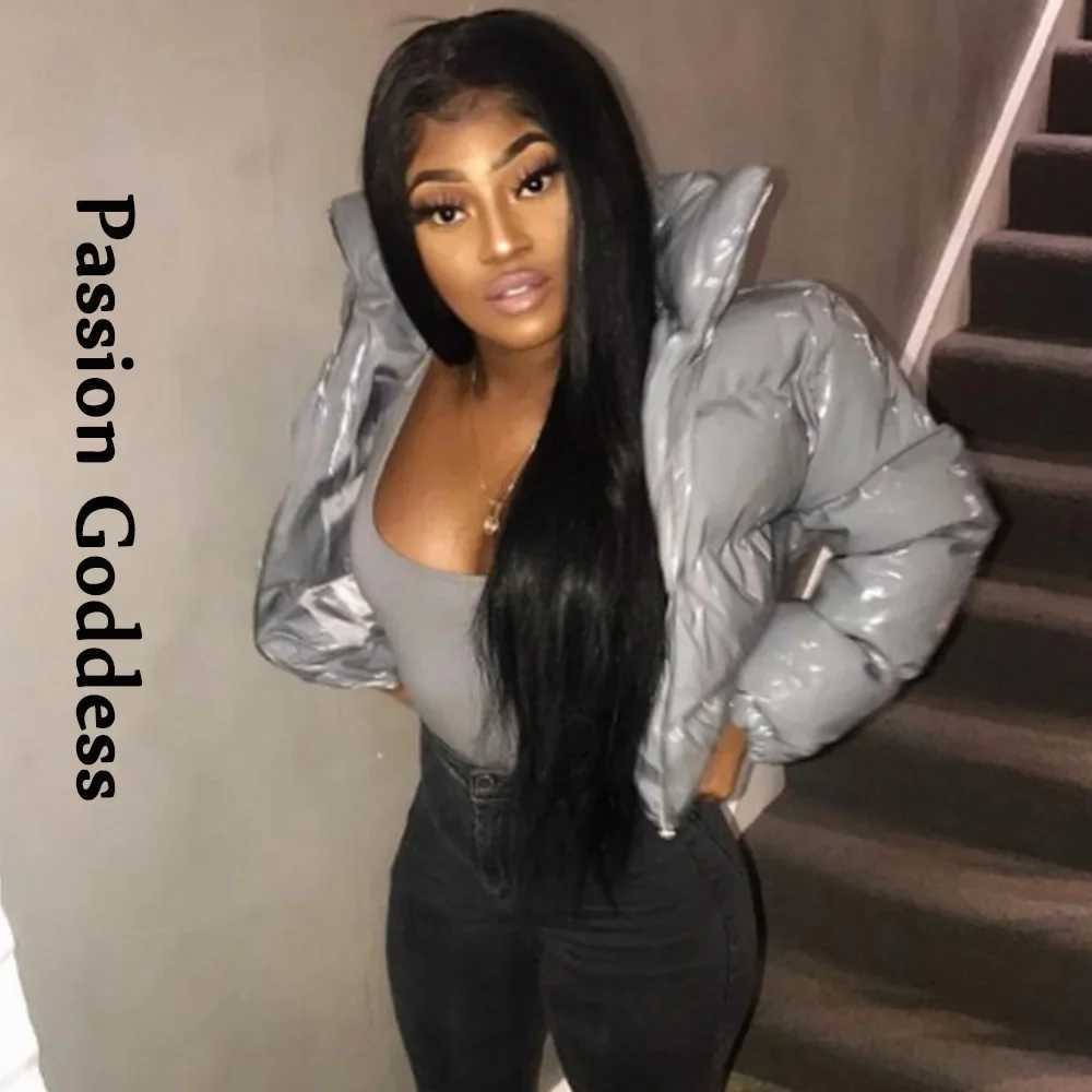 Women's Down Parkas Winter Women Shiny Leather Puffer Jacket Cropped Parka Down Warm Thick Bubble Coats Black PU Leather Parkas Loose Zipper Jack