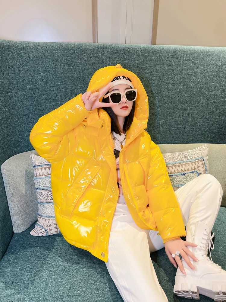 Women's Down Parkas Candy Colors Hooded glossy cotton padded jacket for women short and warm Parkas 2023 winter casual long slip cotton jacket Y2