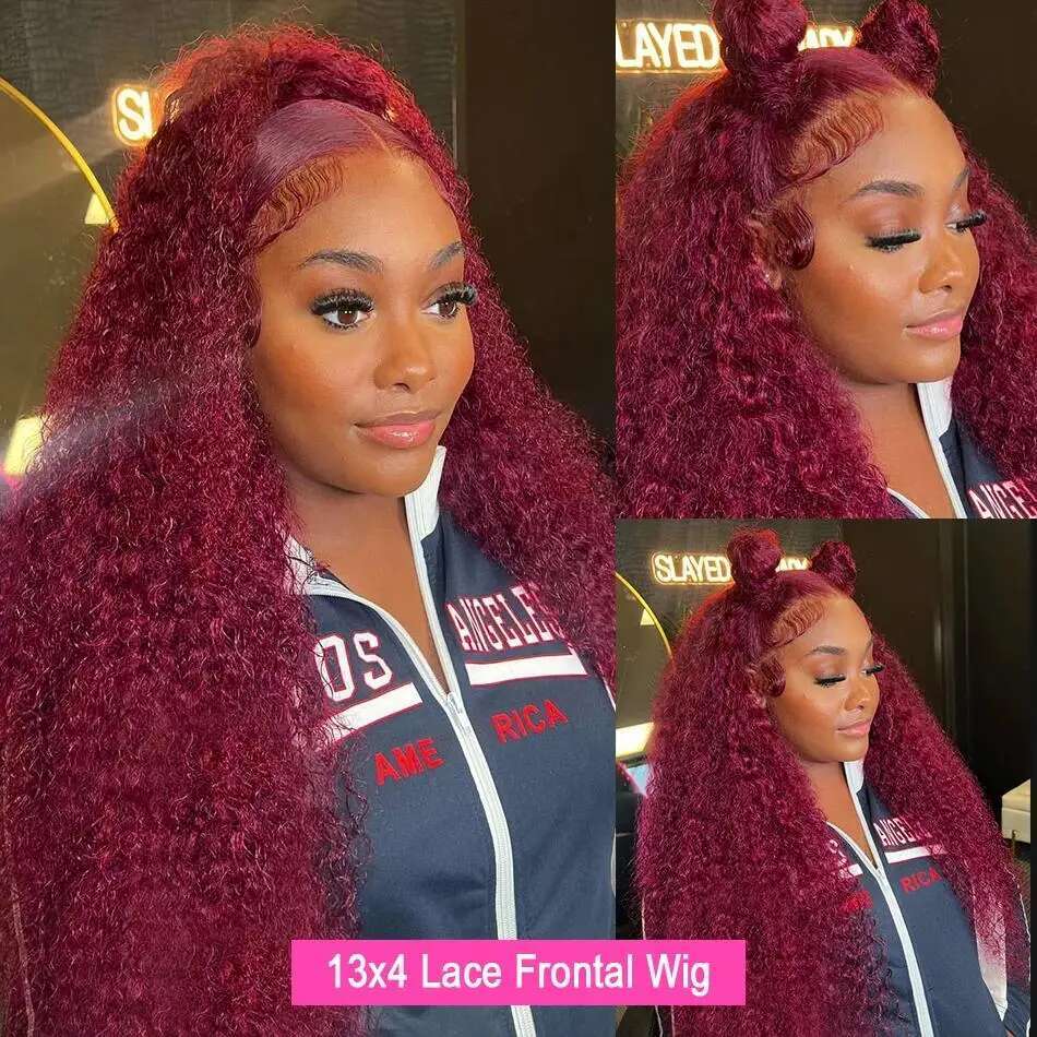 Deep J Burgundy Wave Lace Front Wig Human Hair Red x HD Frontal Pre Plucked Colored Curly Wigs on Sale al s
