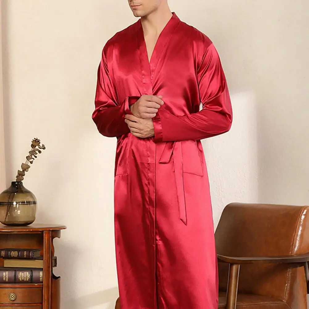 Men Bathrobe Long Nightgown Soft Silk Dressing Gown Bathrobe Lace Up Waist Belted Side Pockets Bathrobe Homewear Bath RobeXJ241018